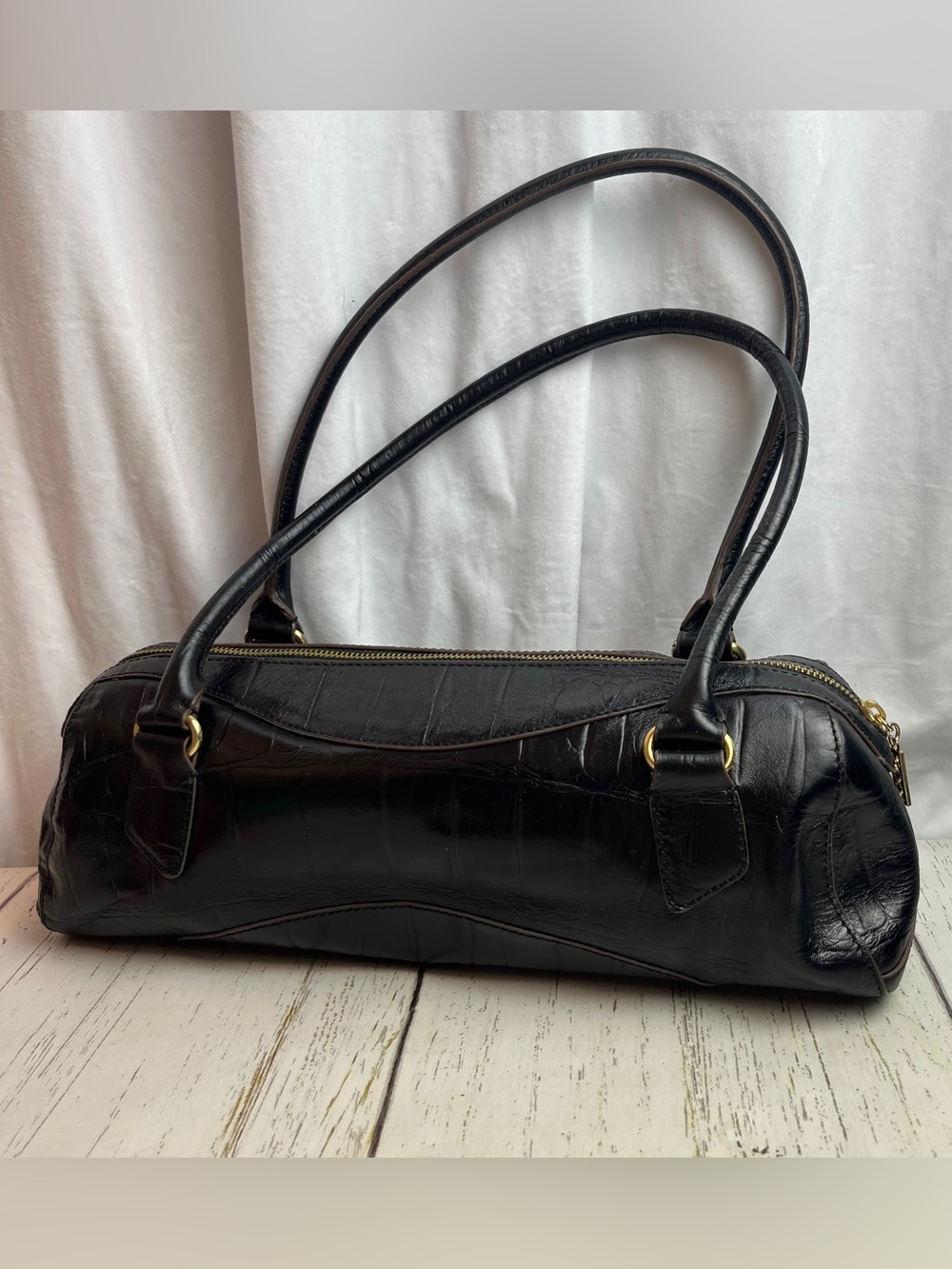Maxx New York embossed croc genuine leather barrel handbag purse dk brown